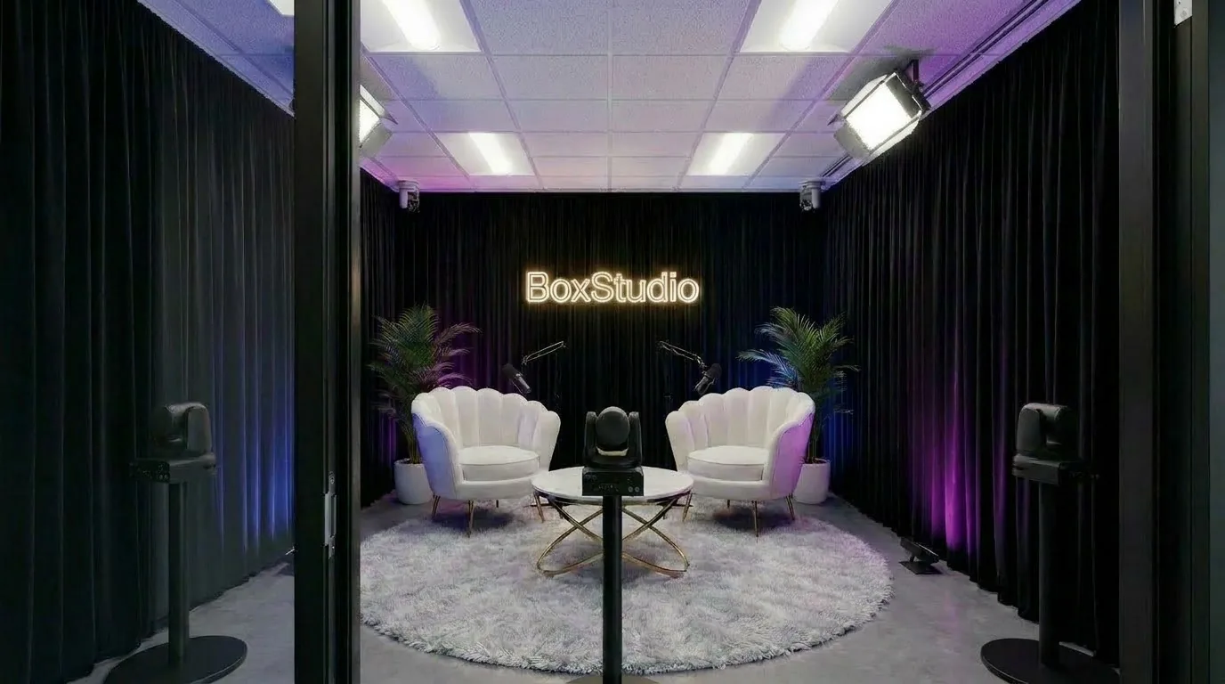 Univers déco Black Box, rideaux noirs et néons